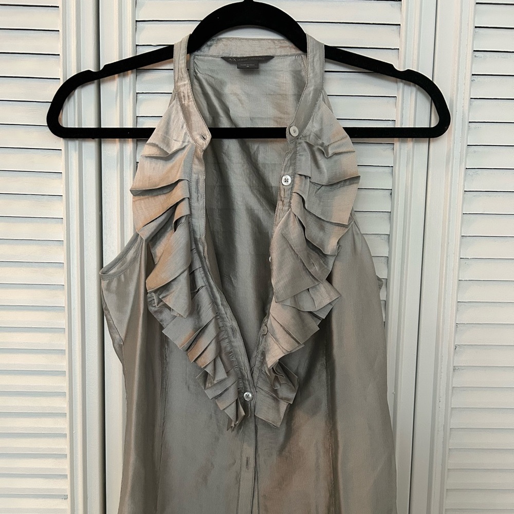 Armani Exchange Silver Ruffled Button Down Blouse - image 1